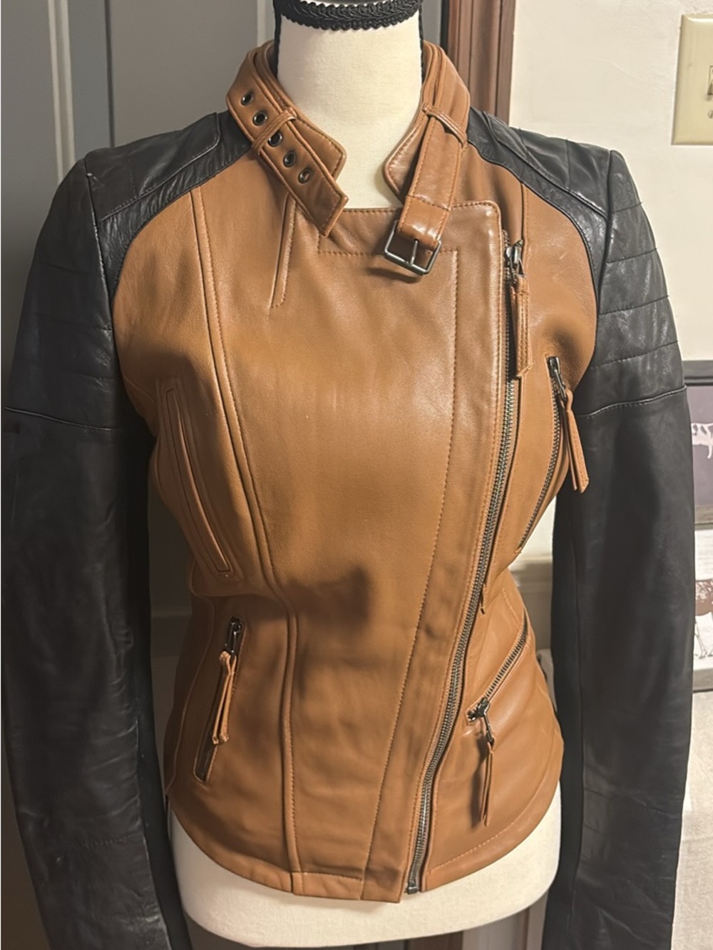 Gianni Bini Two-Tone Leather Moto Jacket - Tan Body with Black Sleeves